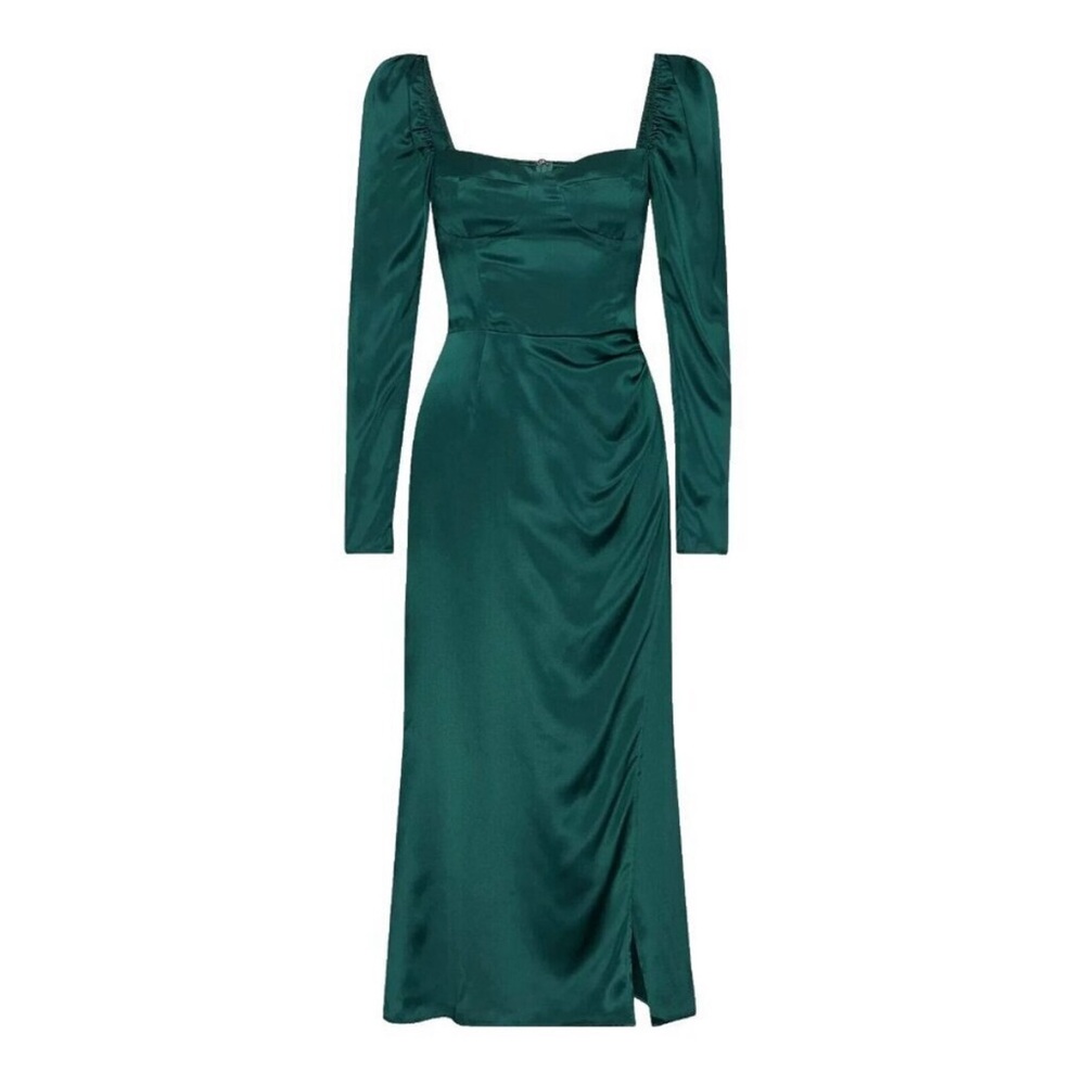 Reformation Green Ruched Puff Sleeve Dress